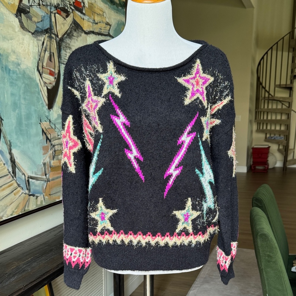 Pilcro Black Sweater with Star and Lightning Design